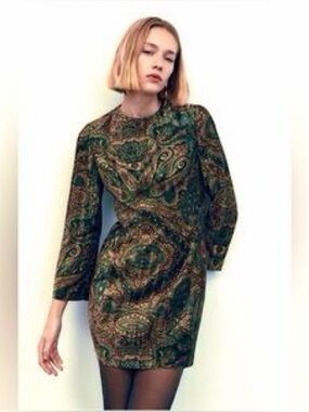Zara Velvet Paisley Print Green Sheath Dress Small